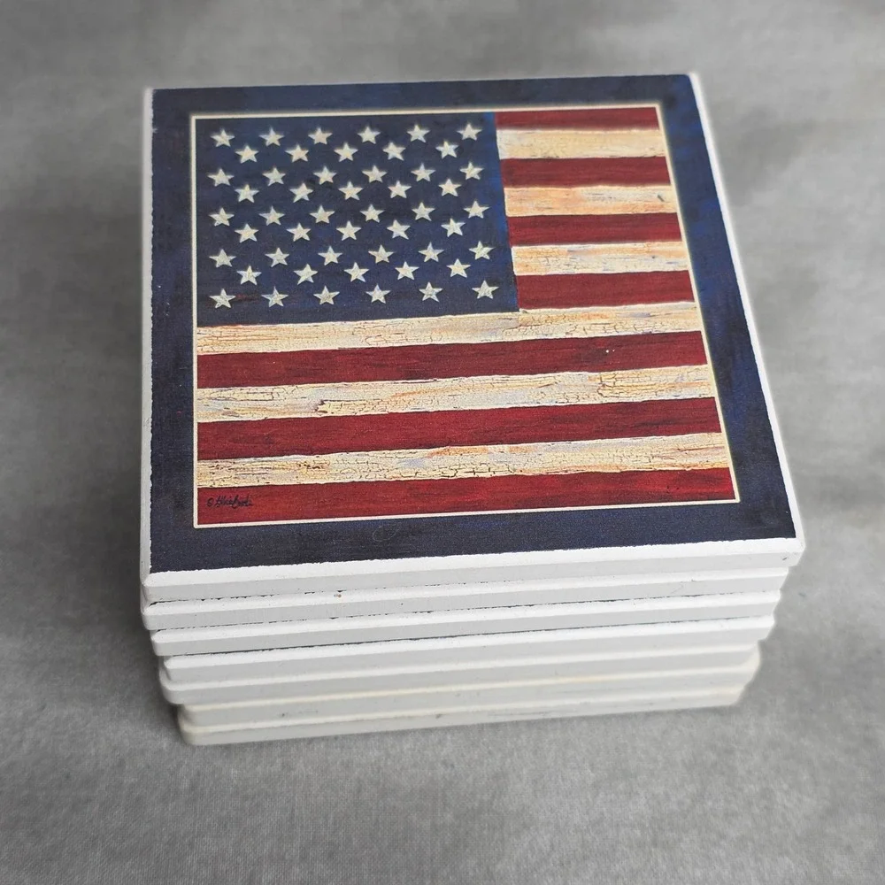 (X7)‎ Stoneware Coaster Set American Flag Patriotic Americana 2 Designs
